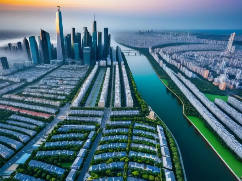 Vista aérea detallada de ciudad moderna: mercado inmobiliario vibrante Impresionante panorama urbano con rascacielos y edificios residenciales, reflejando Diferencias ROI ROE bienes raíces