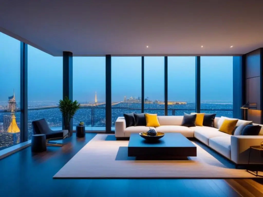 Penthouse de lujo con vista a la ciudad al atardecer Impresionante penthouse moderno con vistas a la ciudad al anochecer