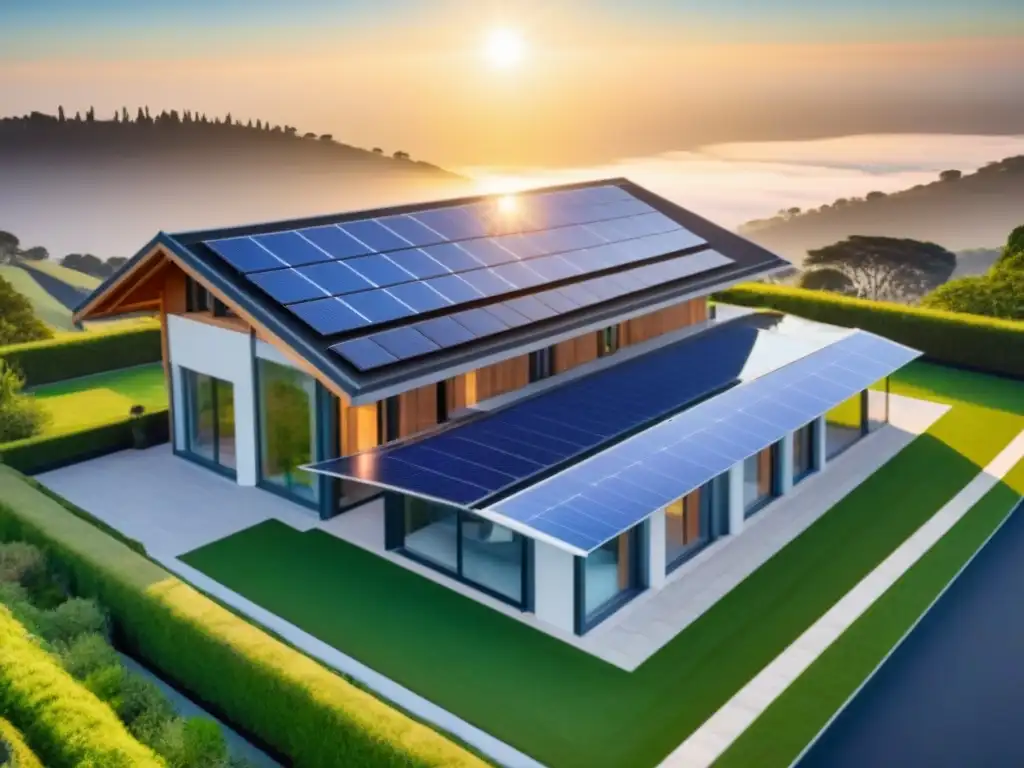 Propiedad patrimonial con paneles solares integrados Impresionante propiedad restaurada con paneles solares integrados y exuberante paisaje verde bajo el cielo azul