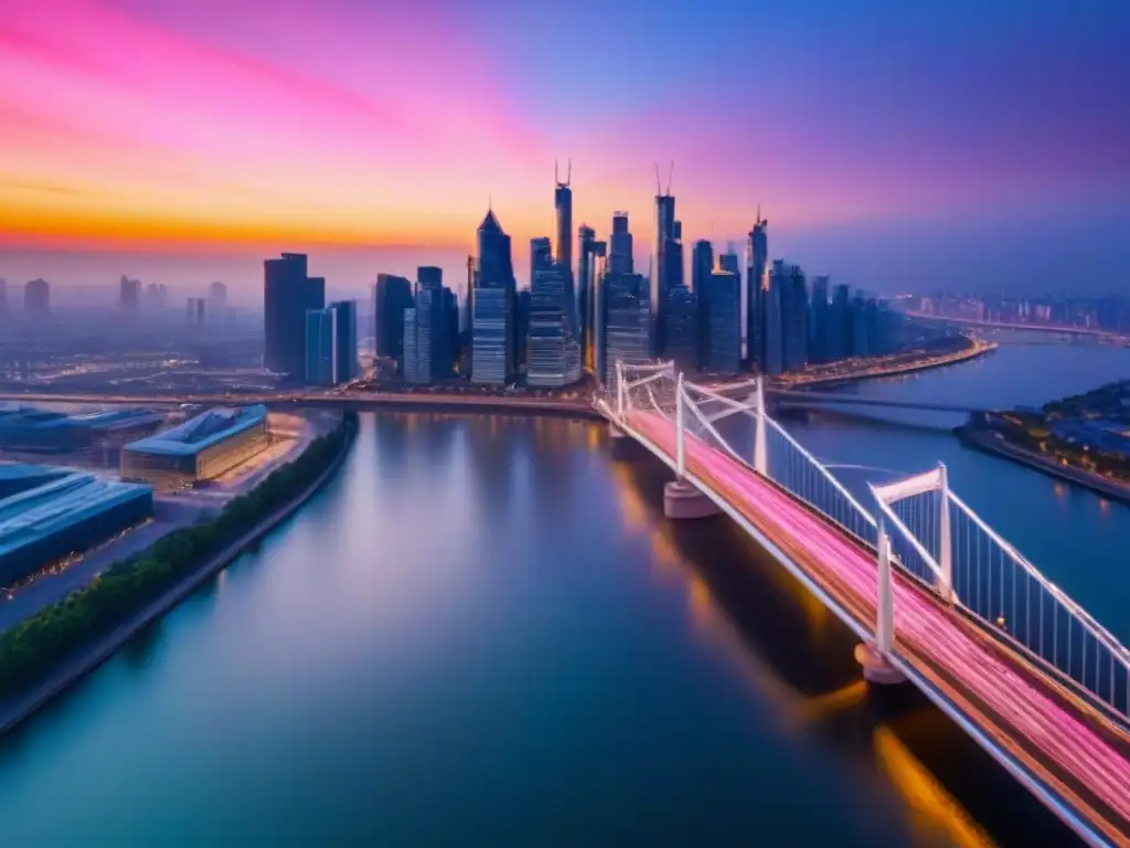 Puente futurista sobre río, atardecer en la ciudad Impresionante puente moderno sobre río, rodeado de rascacielos y bulliciosa vida urbana al atardecer
