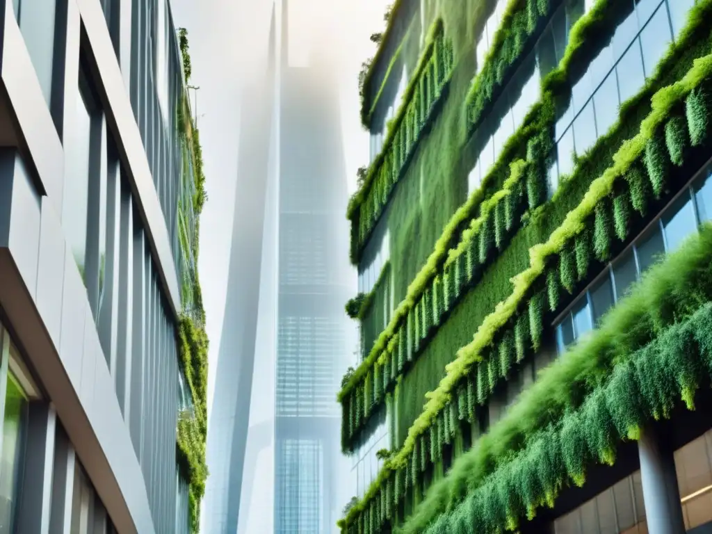 Esplendor verde: rascacielos futurista con jardines verticales exuberantes Un impresionante rascacielos futurista cubierto de exuberantes jardines verticales, destacando la jardinería vertical para edificios