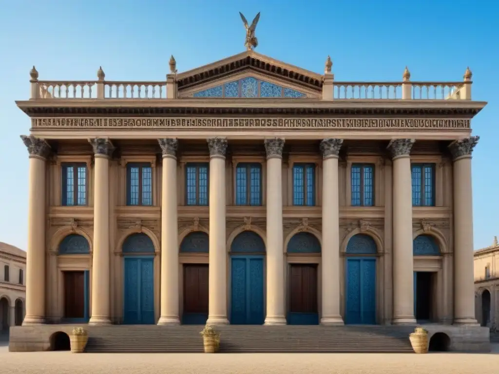 Edificio antiguo restaurado: detalle arquitectónico impresionante Impresionante restauración de edificio antiguo con detalles arquitectónicos, columnas ornamentadas y ventanales de vidrio
