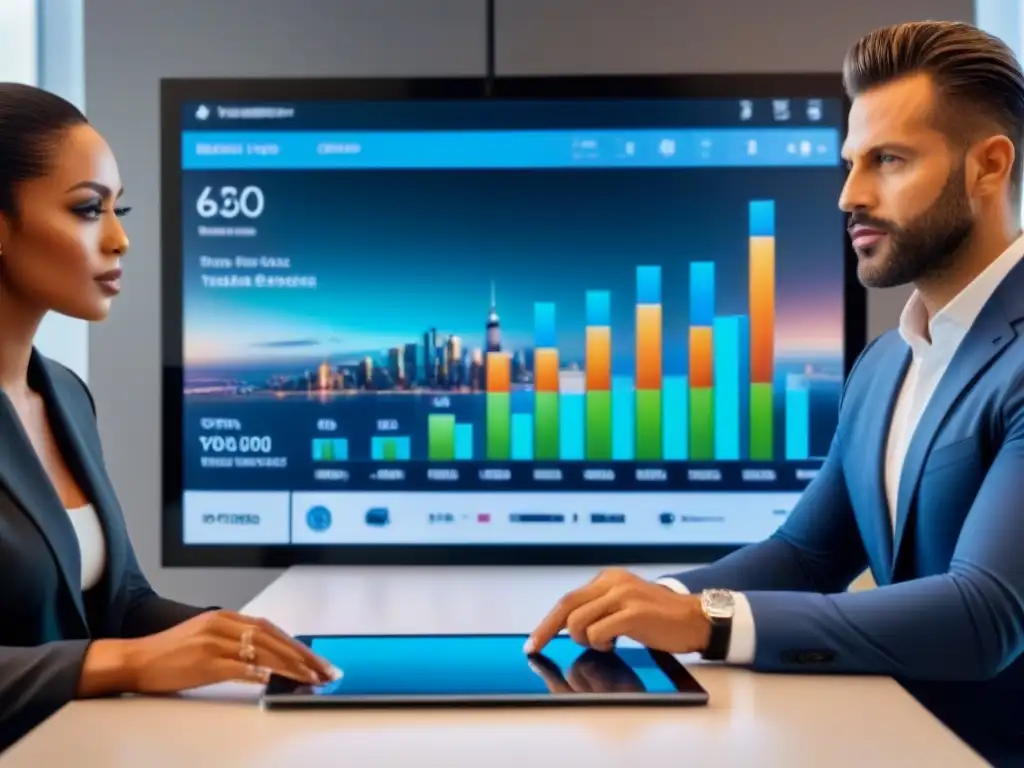 Inversores inmobiliarios analizan datos en mesa futurista Impresionante reunión de inversores inmobiliarios con tecnología de vanguardia y ambiente profesional, rodeados de gráficos y datos inmobiliarios
