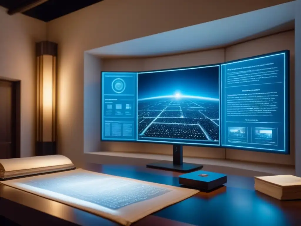 Archivo digital futurista: manuscritos, artefactos e historia en hologramas Una impresionante sala digital muestra archivos antiguos con hologramas, resaltando la importancia documentación archivo conservación patrimonial