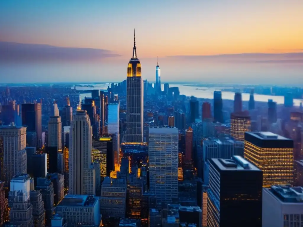 Skyline de Nueva York al atardecer: icónicos rascacielos en 8k Impresionante skyline de Nueva York al atardecer con los rascacielos más emblemáticos