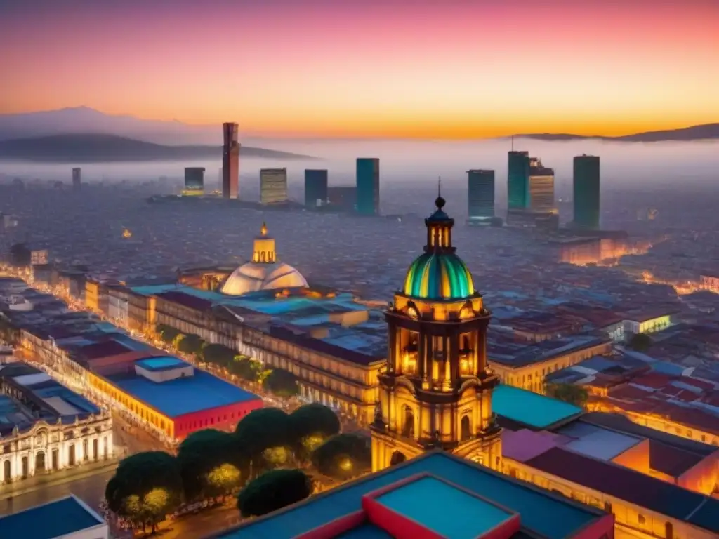Horizonte de México: inversión inmobiliaria en la ciudad vibrante El impresionante skyline de la Ciudad de México al atardecer, reflejando las luces de la ciudad y la mezcla de arquitectura moderna e histórica