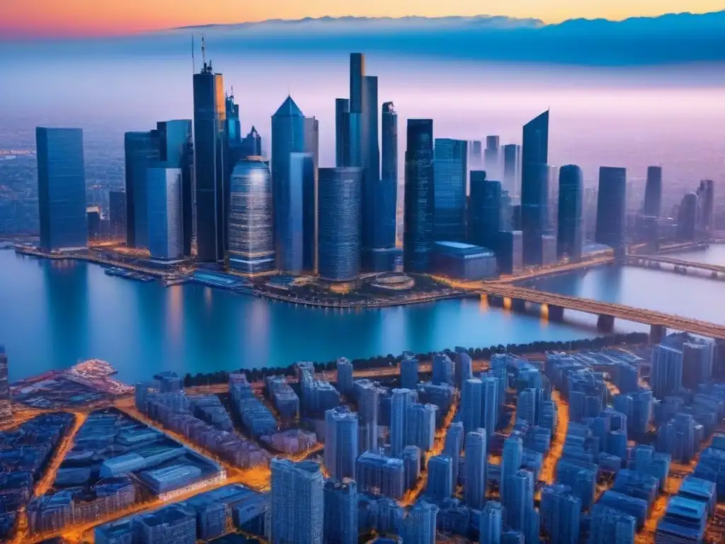 Horizonte urbano de cristal al atardecer en 8k Impresionante skyline de ciudad moderna al atardecer, reflejando el auge de las inversiones inmobiliarias y el financiamiento alternativo