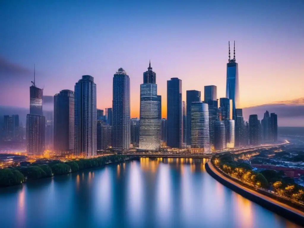 Espléndida vista nocturna de ciudad moderna en 8k ultra detallado Impresionante skyline de ciudad moderna al anochecer, con rascacielos iluminados reflejados en un río sereno