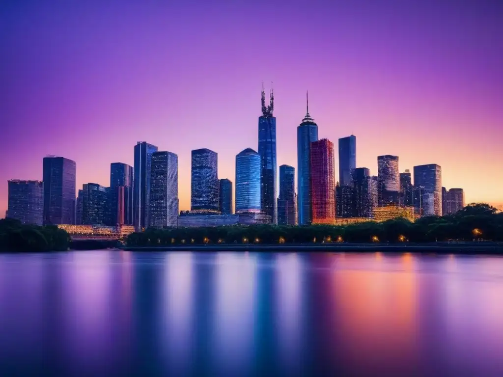 Horizonte urbano moderno: luces vibrantes sobre río al atardecer Impresionante skyline de ciudad moderna al atardecer, reflejándose en un río tranquilo