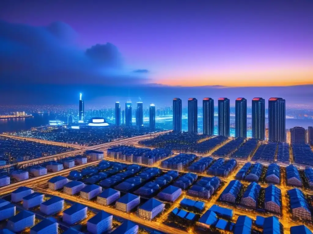 Skyline futurista: ciudad inteligente con tecnología Proptech Impresionante skyline futurista con tecnología Proptech integrada, drones y luces neón
