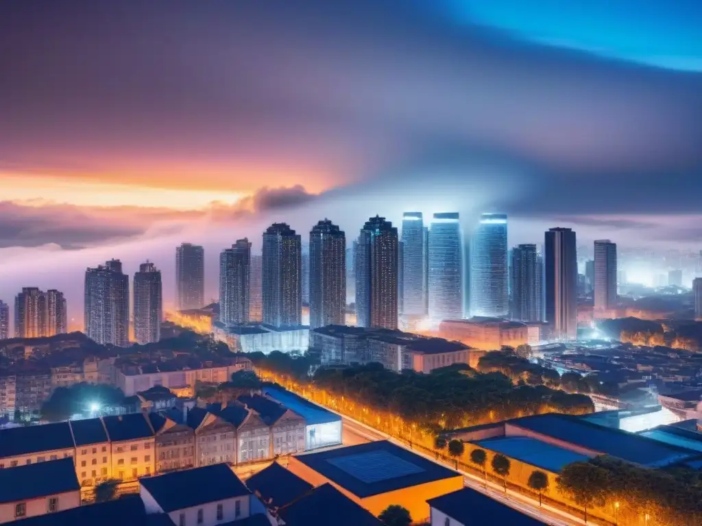Skyline nocturno con patrones blockchain, fusión tecnología y arquitectura Impresionante skyline nocturno con patrones blockchain, fusionando tecnología y real estate
