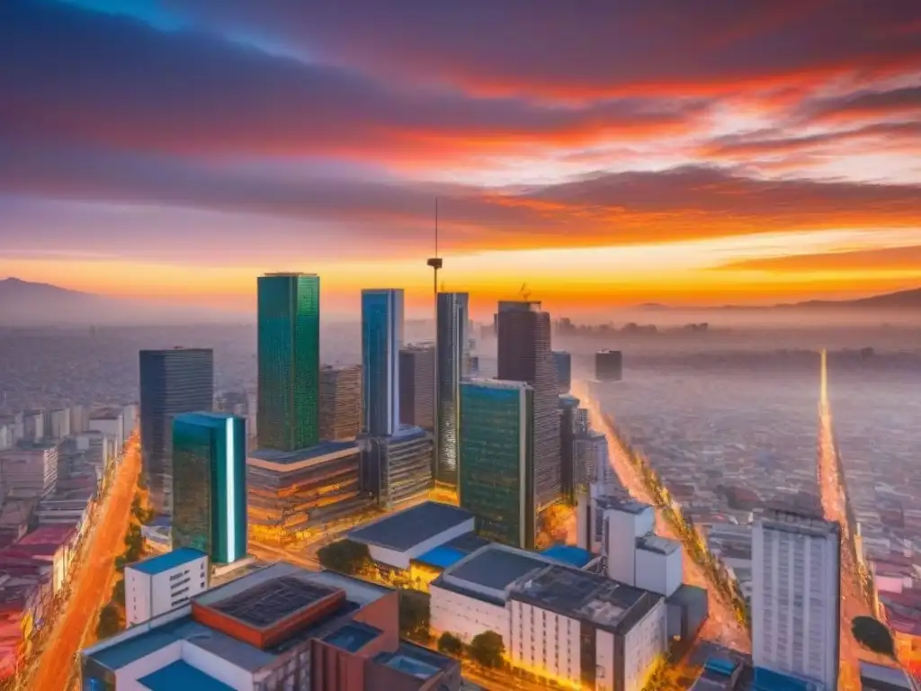 Horizonte moderno y vibrante de México: mercado inmobiliario en auge Impresionante skyline de México con rascacielos, calles bulliciosas y un atardecer colorido
