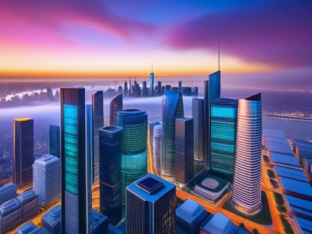 Horizonte urbano futurista: tecnología y colaboración en seguros Impresionante skyline tecnológico en seguros propiedades comerciales