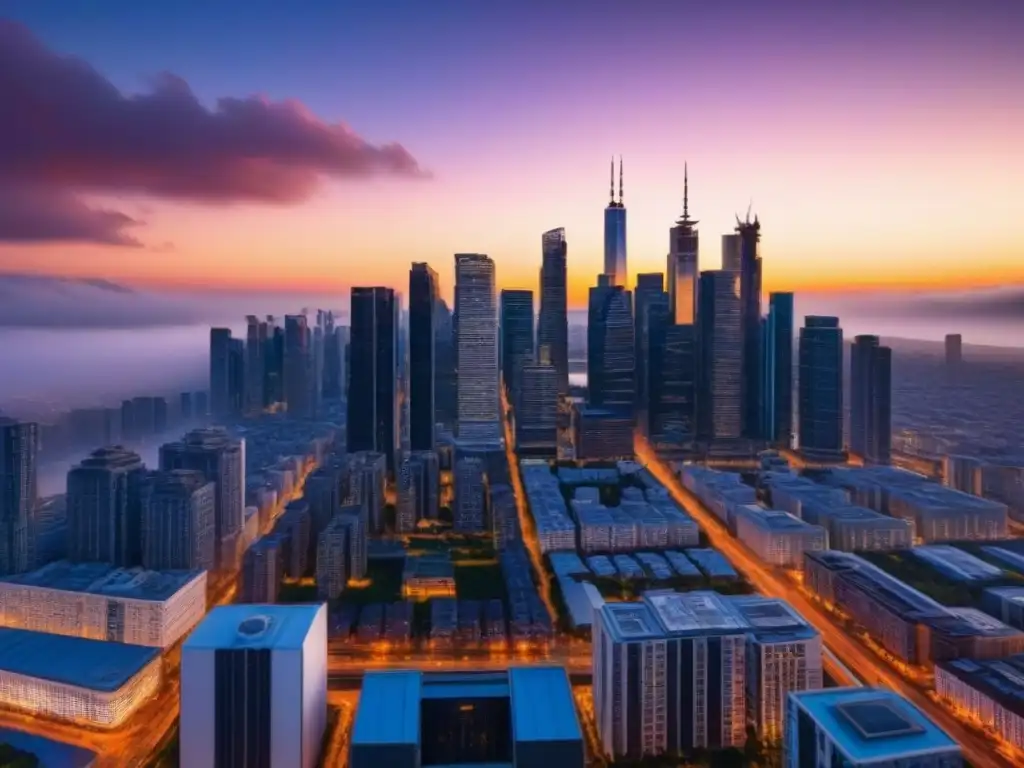 Impresionante skyline urbano al atardecer, reflejando el sol y mostrando una bulliciosa ciudad