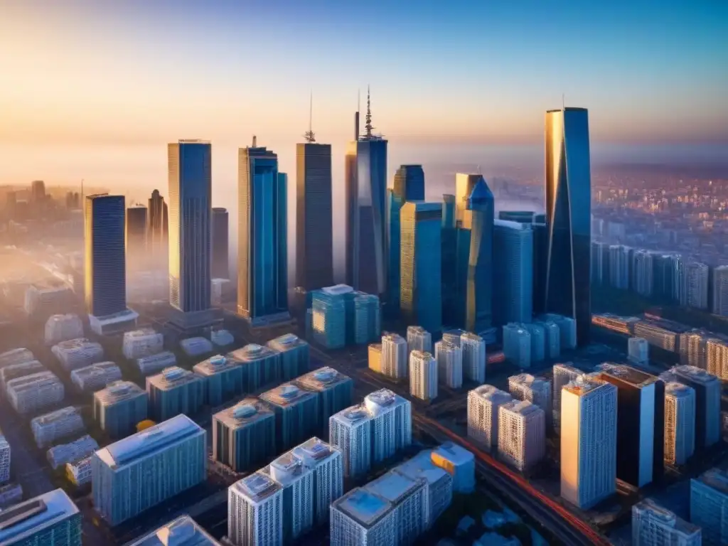 Horizonte urbano: atardecer en la ciudad moderna Impresionante skyline urbano al atardecer con rascacielos iluminados por el sol, reflejando en fachadas de cristal y calles bulliciosas