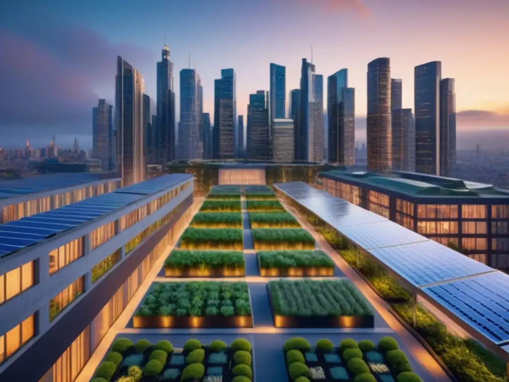 Horizonte urbano sostenible al atardecer: armonía entre modernidad y naturaleza Impresionante skyline urbano moderno al atardecer con diseño sostenible