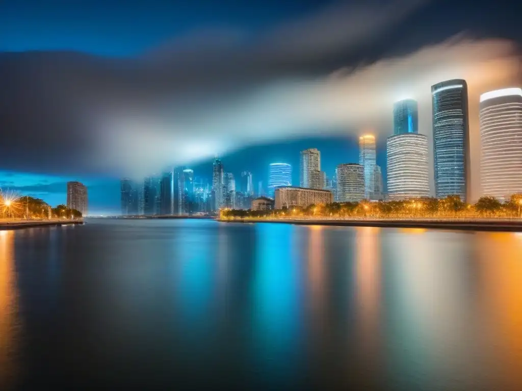 Horizonte urbano nocturno: inversión inmobiliaria de alta tecnología Impresionante skyline urbano de noche con rascacielos iluminados reflejados en un río, fusionando tecnología y sofisticación urbana
