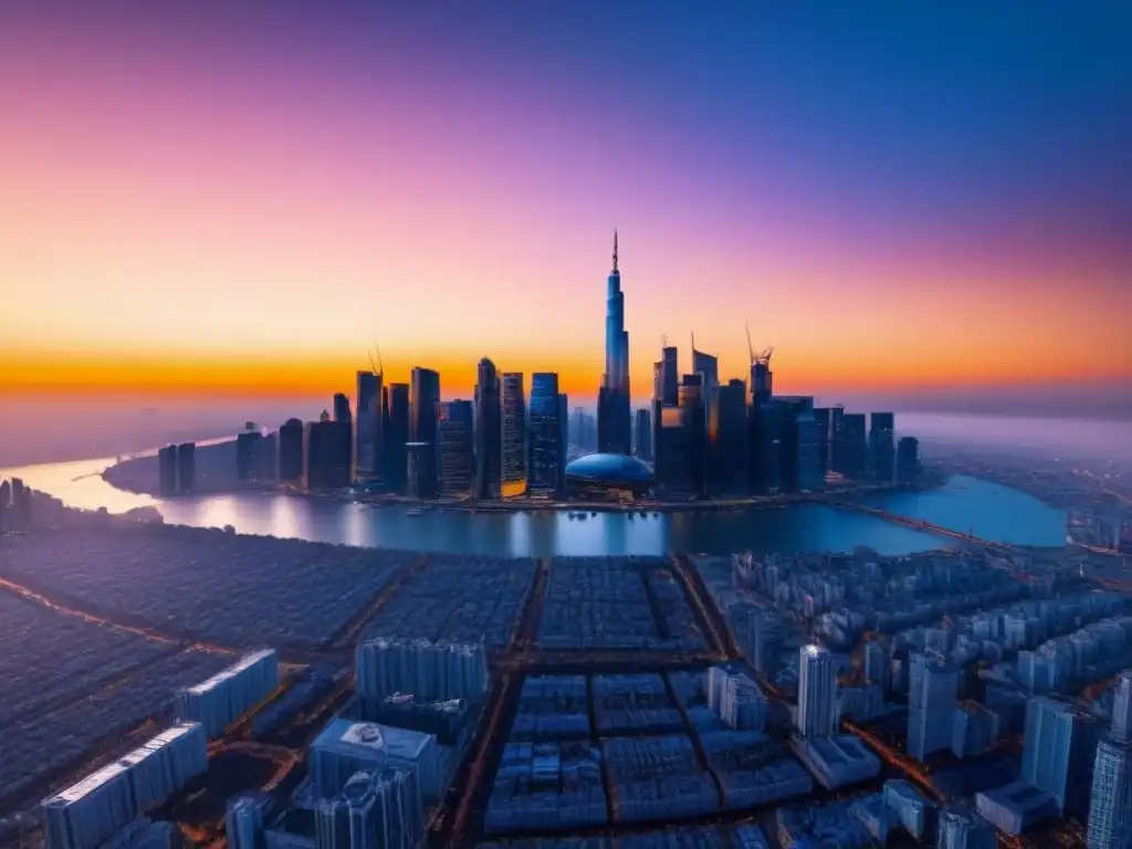 Horizonte urbano moderno: éxito y estabilidad en seguros comerciales Impresionante skyline urbano con rascacielos reflejando el atardecer dorado, simbolizando éxito y negociar tarifas seguros propiedades comerciales