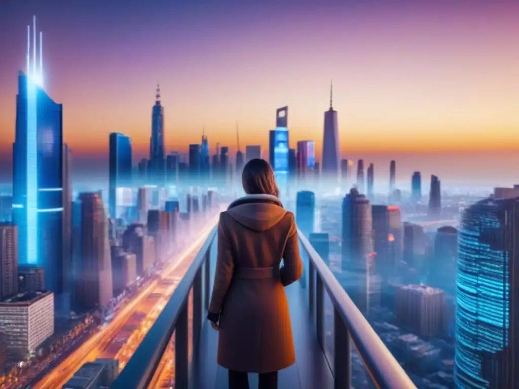 Cityscape moderno y digital al atardecer: tendencias inmobiliarias Impresionante skyline urbano con redes sociales, inversión en propiedades comerciales y atardecer dorado
