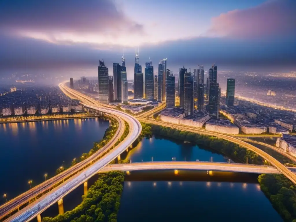 Vista aérea impresionante: modernas autopistas urbanas en la ciudad Impresionante vista aérea de autopistas urbanas y valoración inmobiliaria entre rascacielos, iluminadas por la noche