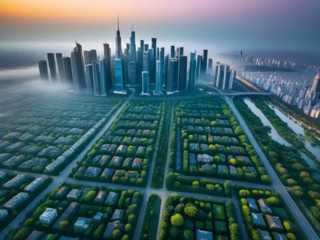 Metrópolis moderna: real estate y desarrollo urbano Impresionante vista aérea de una bulliciosa ciudad con rascacielos y edificios residenciales, mostrando el dinámico mercado inmobiliario