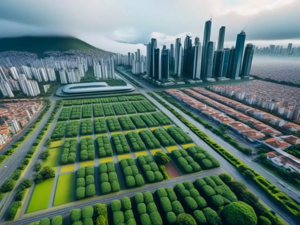 Vista aérea detallada: paisaje urbano futurista en ciudad sudamericana Impresionante vista aérea de una ciudad futurista en Sudamérica con tecnología en mercado inmobiliario