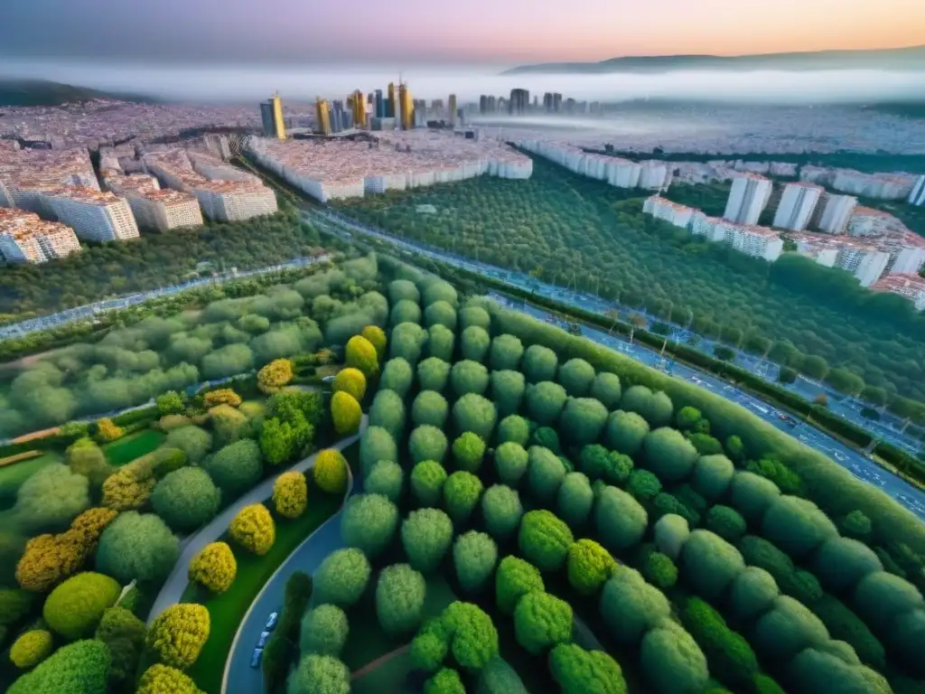 Vibrante ciudad española: mercado inmobiliario dinámico Impresionante vista aérea de una ciudad española moderna con rascacielos, calles coloridas y parques verdes