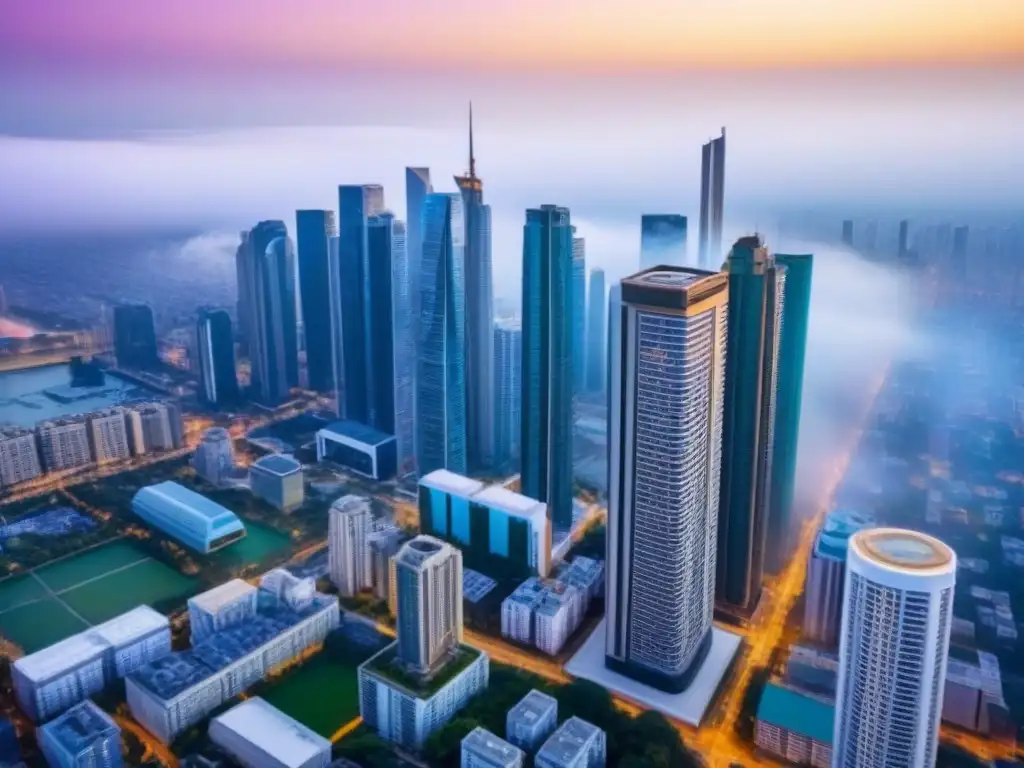 Vista aérea urbana: Impuestos sobre herencias y donaciones en la ciudad Impresionante vista aérea de una ciudad moderna con rascacielos y edificios residenciales, destacando el paisaje urbano dinámico y diverso