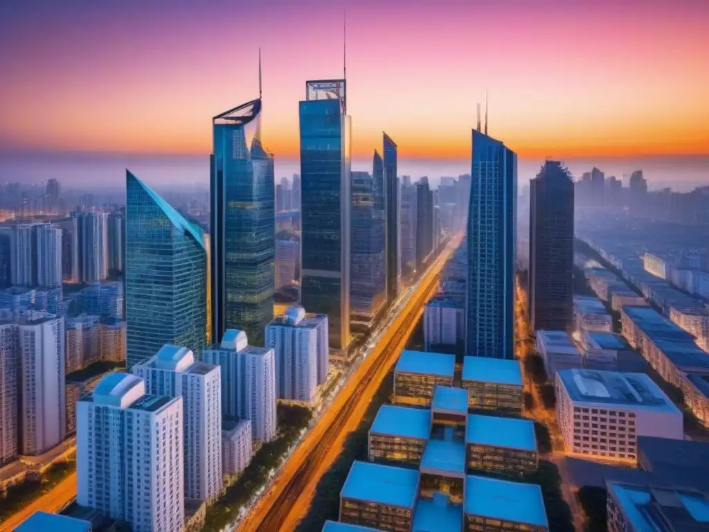 Vista aérea impresionante de ciudad moderna al atardecer Impresionante vista aérea de la ciudad al atardecer reflejando el impacto de la pandemia en el mercado inmobiliario viviendas