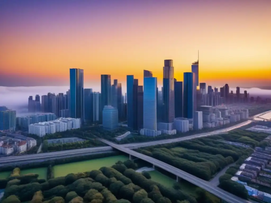 Horizonte urbano al atardecer: modernidad y oportunidad Una impresionante vista de una ciudad moderna al atardecer, con rascacielos iluminados por el sol