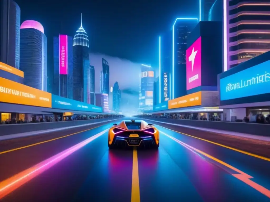 Cityscape futurista: luces neon y autos voladores 'Increíble arte digital de una ciudad futurista de noche, con rascacielos iluminados y calles brillantes, creando un paisaje urbano dinámico