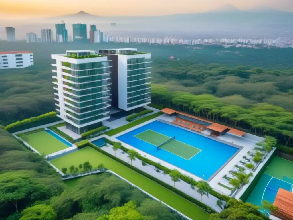 Vista aérea de complejo residencial de lujo en CDMX Increíble complejo residencial de lujo en Ciudad de México, con diseño arquitectónico vanguardista y amenidades, reflejando la mezcla de vida urbana y oasis