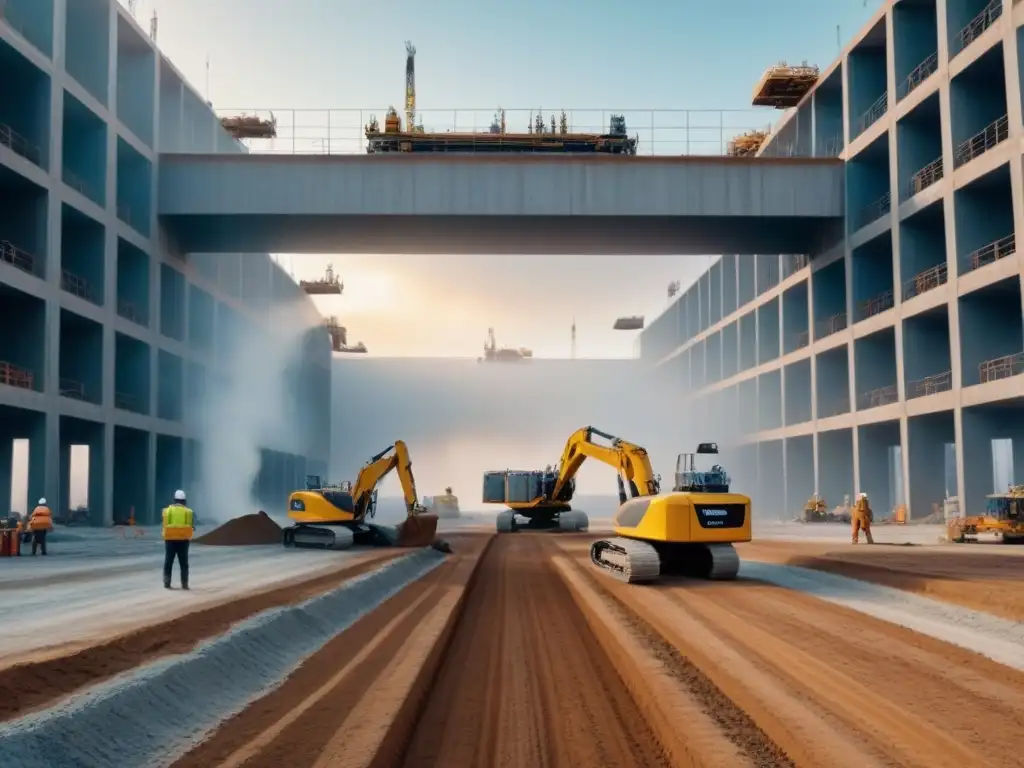 Construcción futurista: AI y humanos trabajando juntos Increíble escena futurista en una obra con Inteligencia Artificial en construcción: robots, drones y exoesqueletos junto a trabajadores