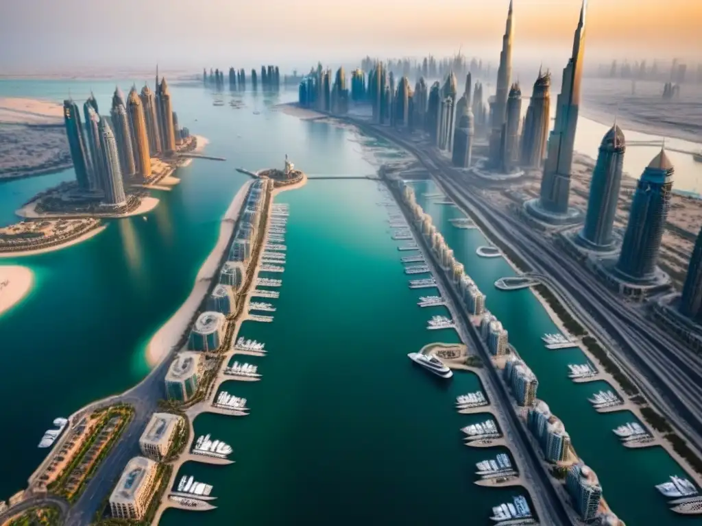 Esplendor urbano: Dubái, Burj Khalifa y lujo Increíble skyline de Dubai con rascacielos, el Burj Khalifa y yates de lujo, reflejando regulaciones compra inmuebles alto valor
