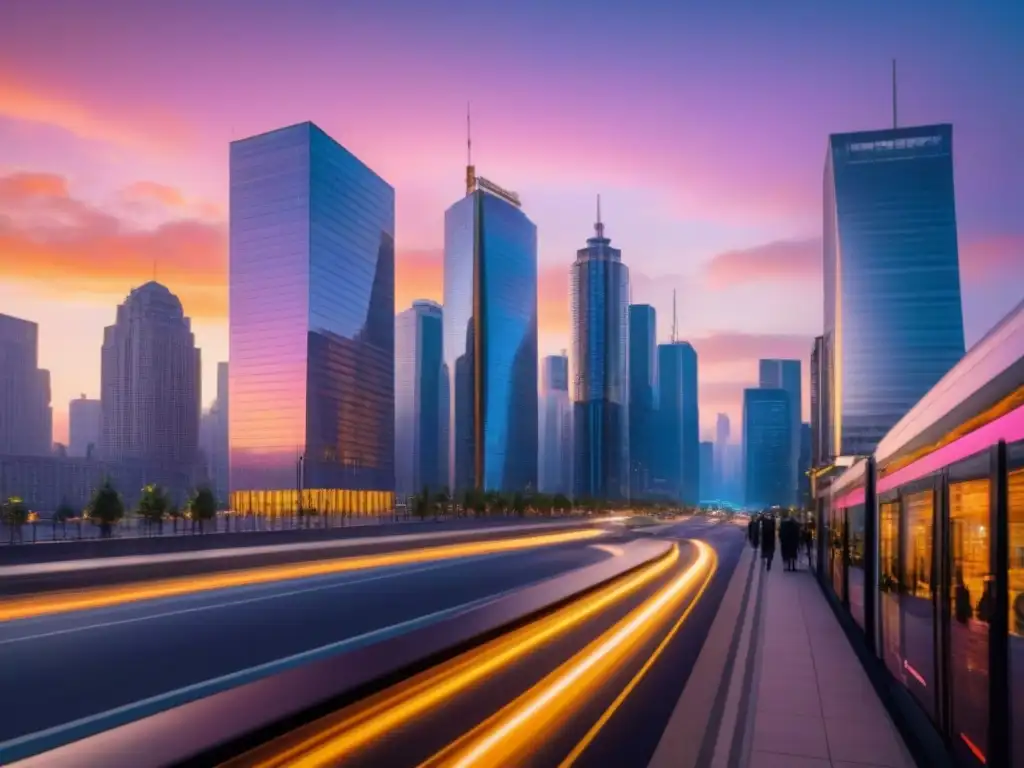 Metrópolis vibrante: fusión de modernidad y historia en la hora mágica Influencia del desarrollo urbano en el mercado inmobiliario: una ciudad bulliciosa al anochecer, con rascacielos modernos y edificios históricos