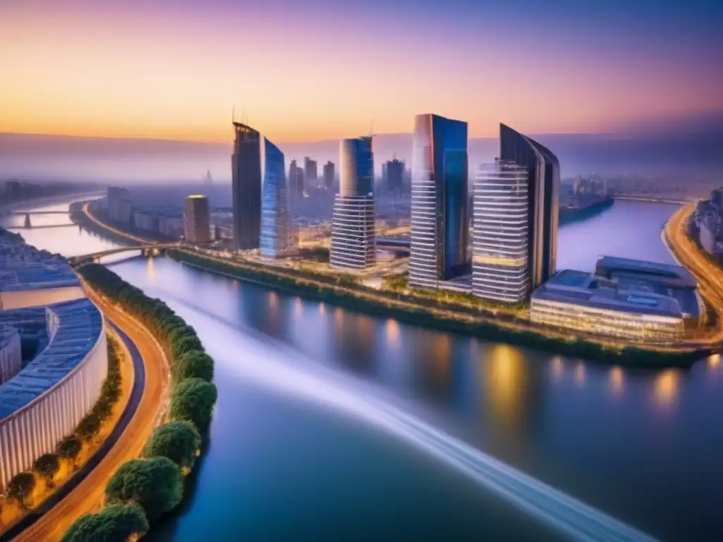 Vibrante skyline urbano al anochecer en España Influencia del desarrollo urbano en el mercado inmobiliario: modernos rascacielos iluminados en la ciudad al anochecer