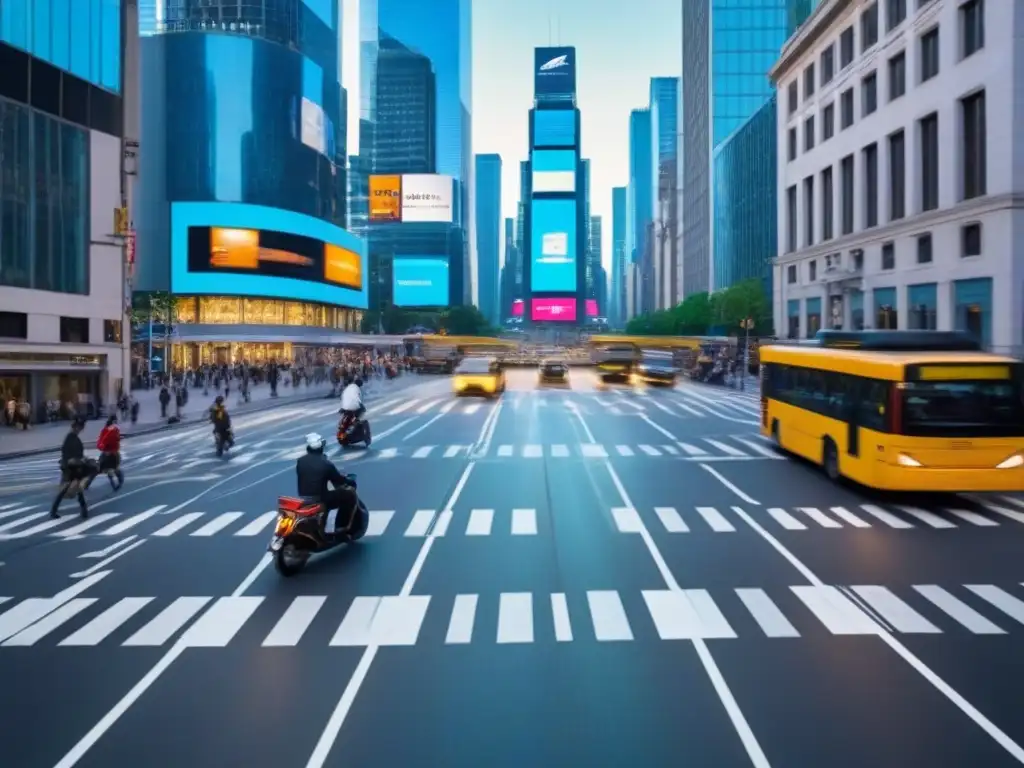 Intersección urbana dinámica: movilidad y conectividad en la ciudad Influencia de la movilidad urbana en la inversión inmobiliaria: intersección bulliciosa con personas, bicicletas y transporte público en hora pico