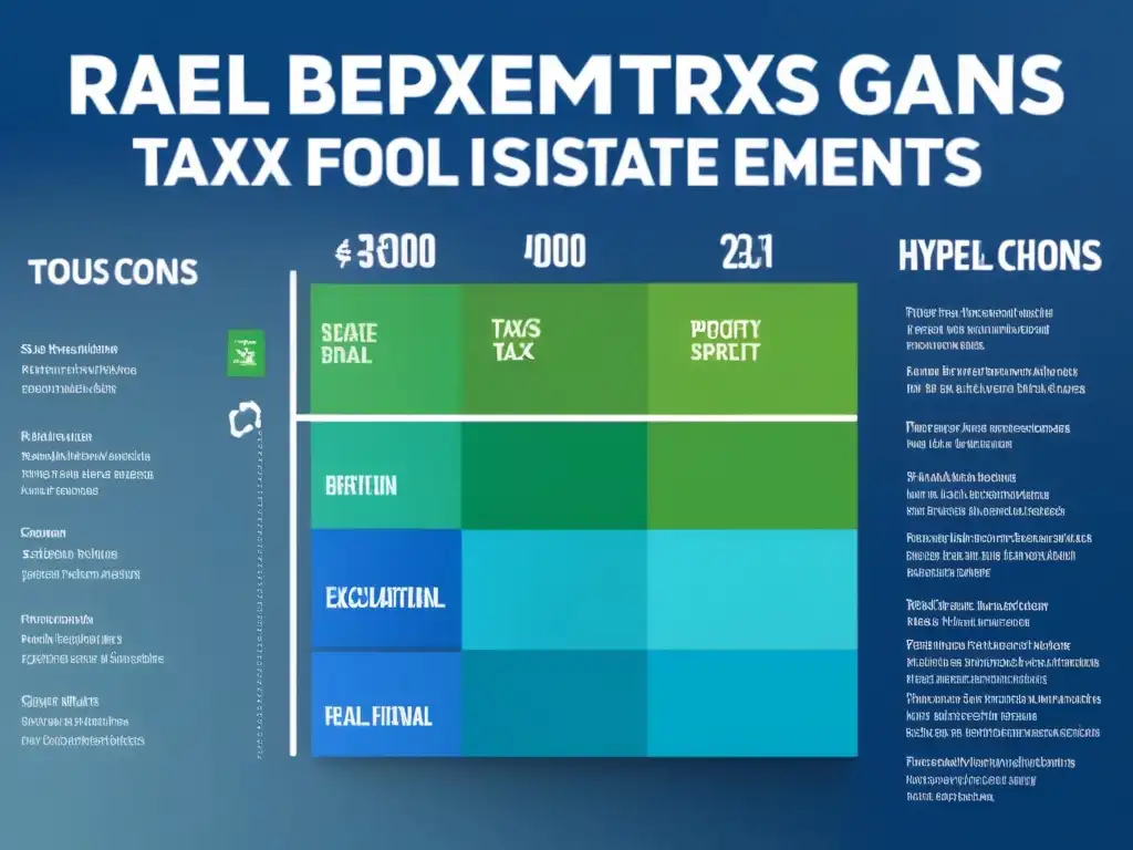 Infografía detallada de exenciones fiscales en bienes raíces Una infografía detallada y moderna sobre exenciones fiscales en el sector inmobiliario, con colores que transmiten confianza y prosperidad financiera