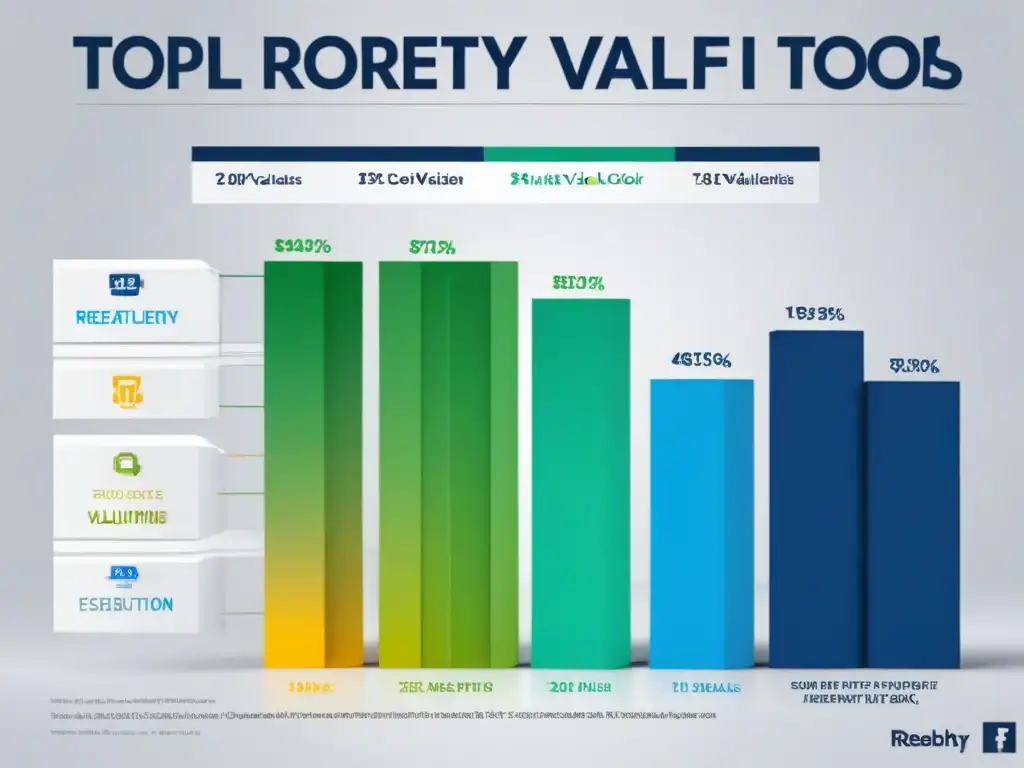 Comparativa de herramientas de valoración inmobiliaria en tiempo real Un infográfico elegante y moderno de herramientas de valoración de propiedades en tiempo real, con íconos sofisticados y métricas clave