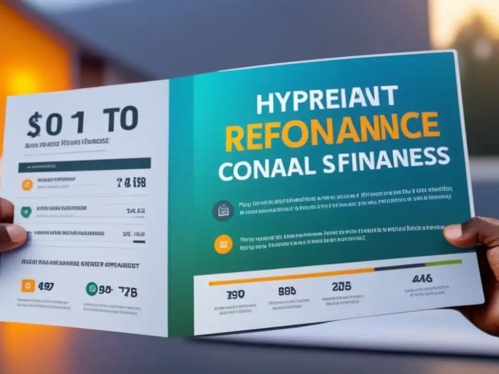 Guía refinanciamiento: planifica, consolida y ahorra Un infográfico vibrante y moderno sobre refinanciamiento para transformar finanzas personales, con gráficos coloridos y elementos interactivos