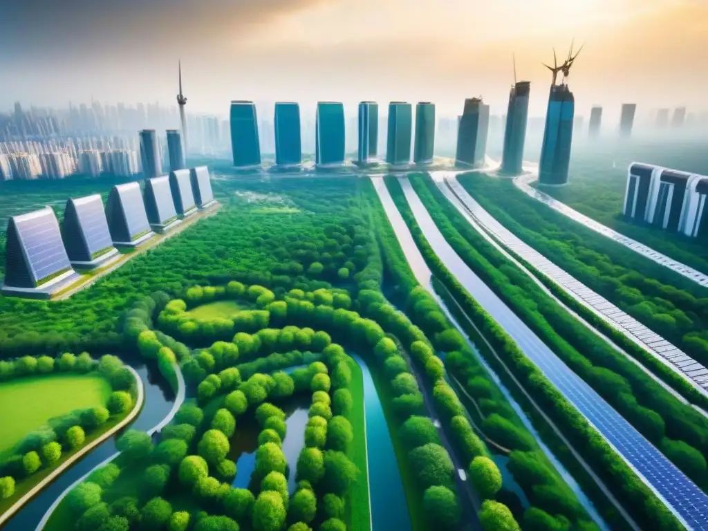 Metrópolis sostenible: arquitectura moderna en armonía con la naturaleza Inversión en infraestructura verde: Ciudad sostenible del futuro con arquitectura moderna integrada en entorno natural vibrante