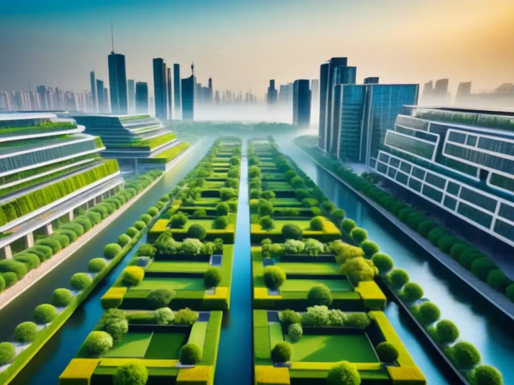 Ciudad sostenible: arquitectura eco en entorno verde Infraestructura verde en mercado inmobiliario: Ciudad futurista con parques urbanos y edificios ecológicos