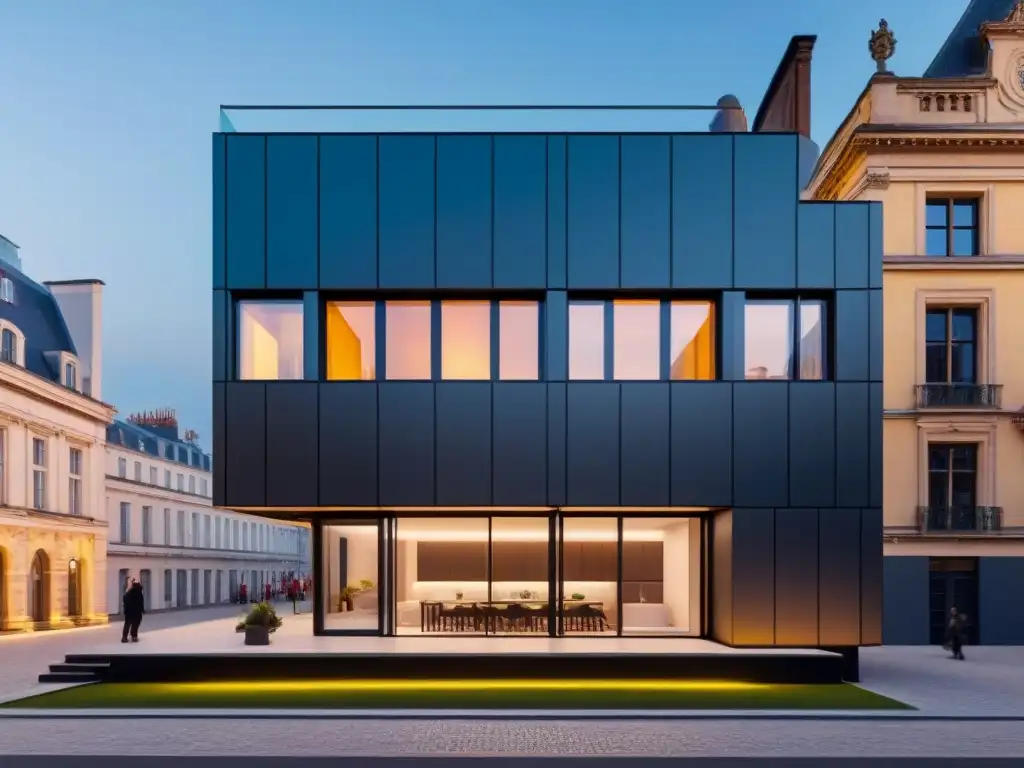 Integración futurista de módulo prefabricado en edificio histórico Ingenieros y arquitectos integran soluciones prefabricadas para restauración inmuebles al atardecer