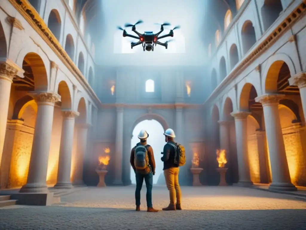 Equipo de ingenieros utilizando tecnología avanzada para evaluar monumento histórico Ingenieros utilizan tecnologías conservación infraestructuras patrimoniales para evaluar monumento histórico con drones y escáneres 3D