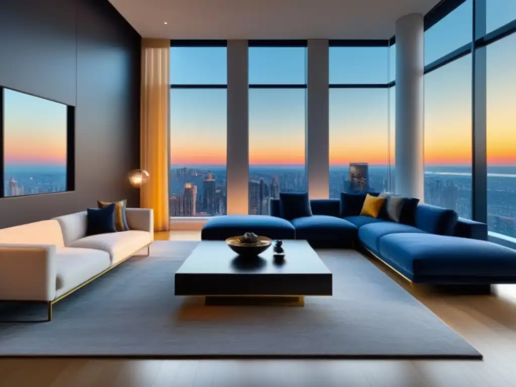 Salón de lujo moderno en propiedad inmobiliaria de alta gama Fotografía inmobiliaria de alta gama: lujoso salón moderno con vistas urbanas, mobiliario contemporáneo y elegante decoración