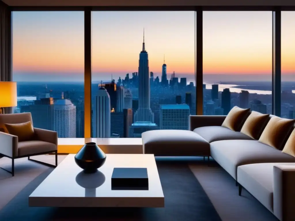 Sala de estar de lujo en penthouse con vista panorámica al atardecer Fotografía inmobiliaria de alta gama: lujoso salón moderno en ático con vista de ciudad al atardecer, muebles elegantes y arte abstracto