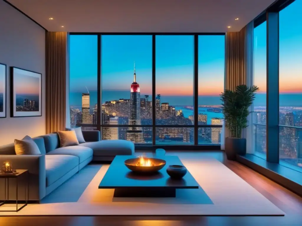Salón moderno de lujo con vista a la ciudad al atardecer Fotografía inmobiliaria de alta gama: Sala de estar moderna y lujosa con vista a la ciudad al atardecer