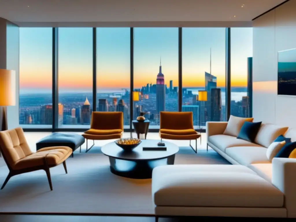 Salón de lujo en propiedad exclusiva con vistas urbanas Fotografía inmobiliaria de alta gama: Sala de estar lujosa y moderna con mobiliario contemporáneo y vistas a la ciudad