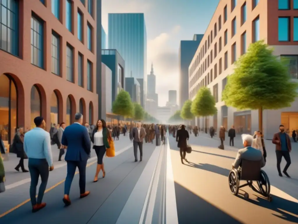 Escena urbana inclusiva y vibrante con arquitectura moderna Invertir en inmuebles adaptados: Una ciudad vibrante con arquitectura moderna inclusiva y diversidad demográfica