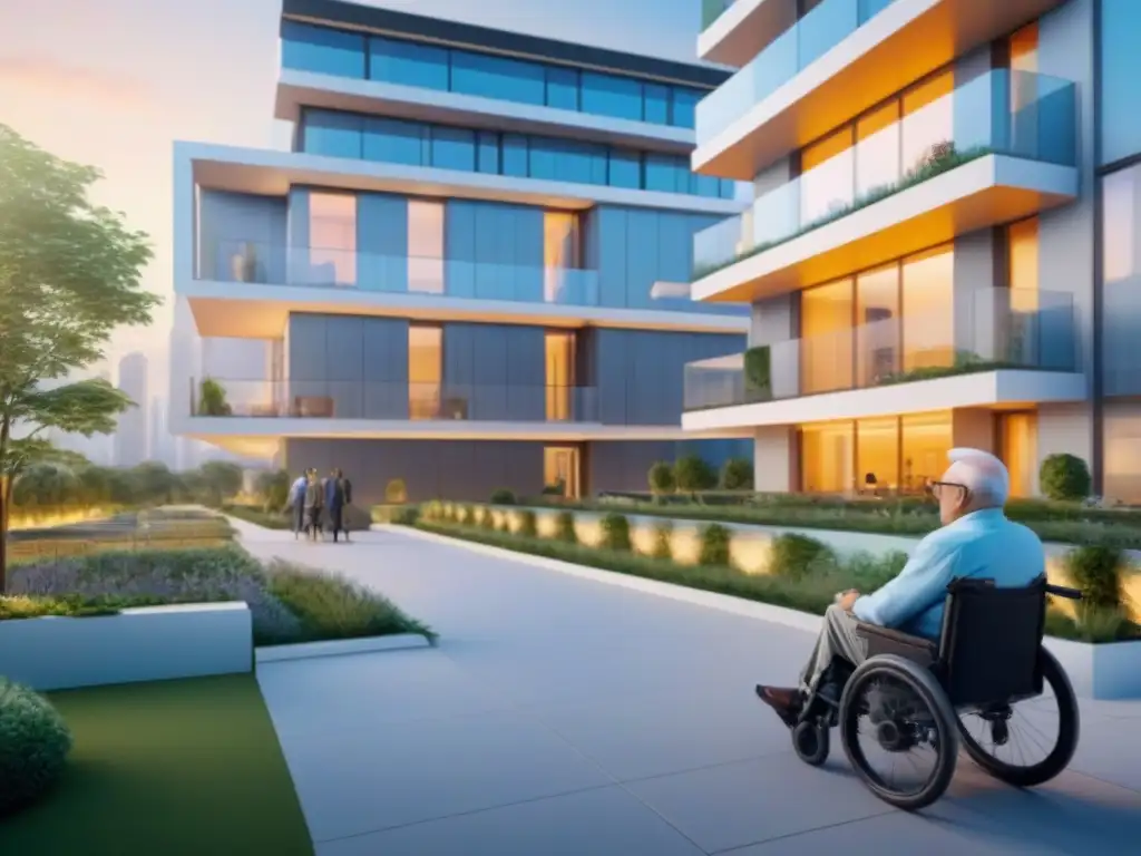 Edificio residencial futurista con accesibilidad avanzada y tecnología inteligente para diversidad demográfica Invertir en inmuebles adaptados: Edificio futurista con accesibilidad avanzada y diversidad de residentes disfrutando de sus instalaciones modernas